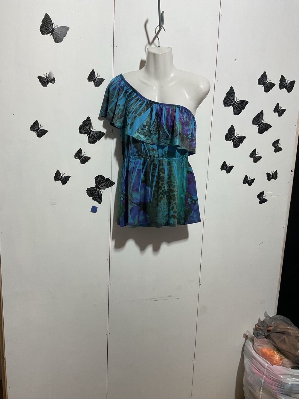 One-Shoulder Ruffle Floral Top - Teal & Purple